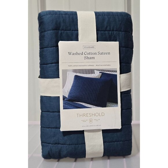 Threshold Washed Cotton Sateen Quilted Indigo Blue Standard Pillow Sham 20 x 26 - Picture 1 of 7